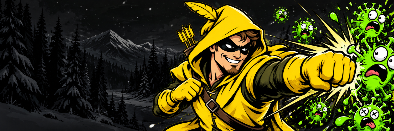 A yellow-hooded Robin punches a swarm of green cartoon viruses in a snowy, fictional landscape.